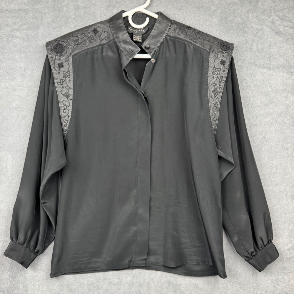 Vintage Suzelle Black Button Up Long Sleeve Blouse Women's‎ 4 Embellished